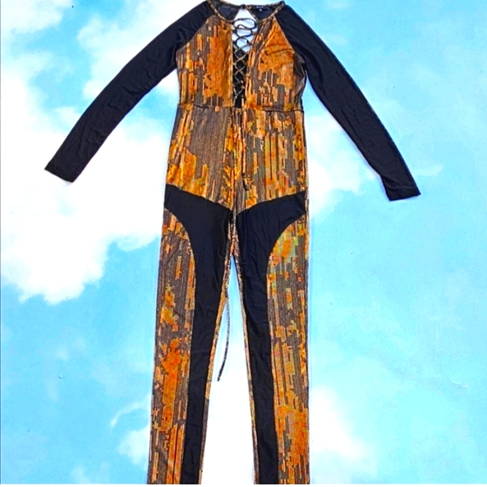 Gold & Black Mesh Panel Jumpsuit Club Jumpsuit Club outfit Dancer Outfit Exotic